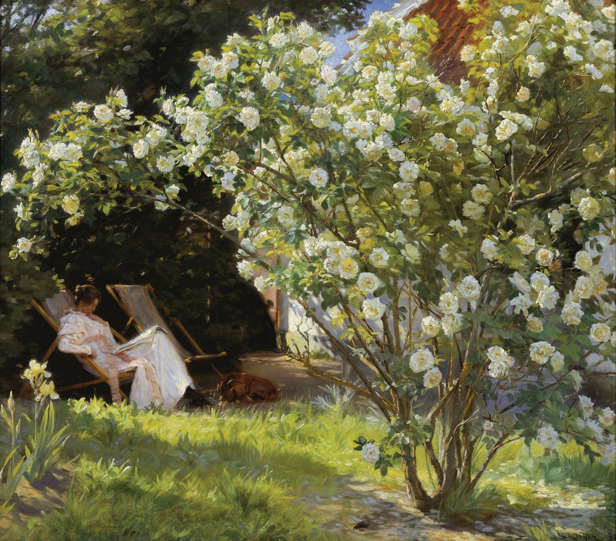 Marie Kroyer seated in the deckchair in the garden by Mrs Bendsens house av Peder Severin Krøyer