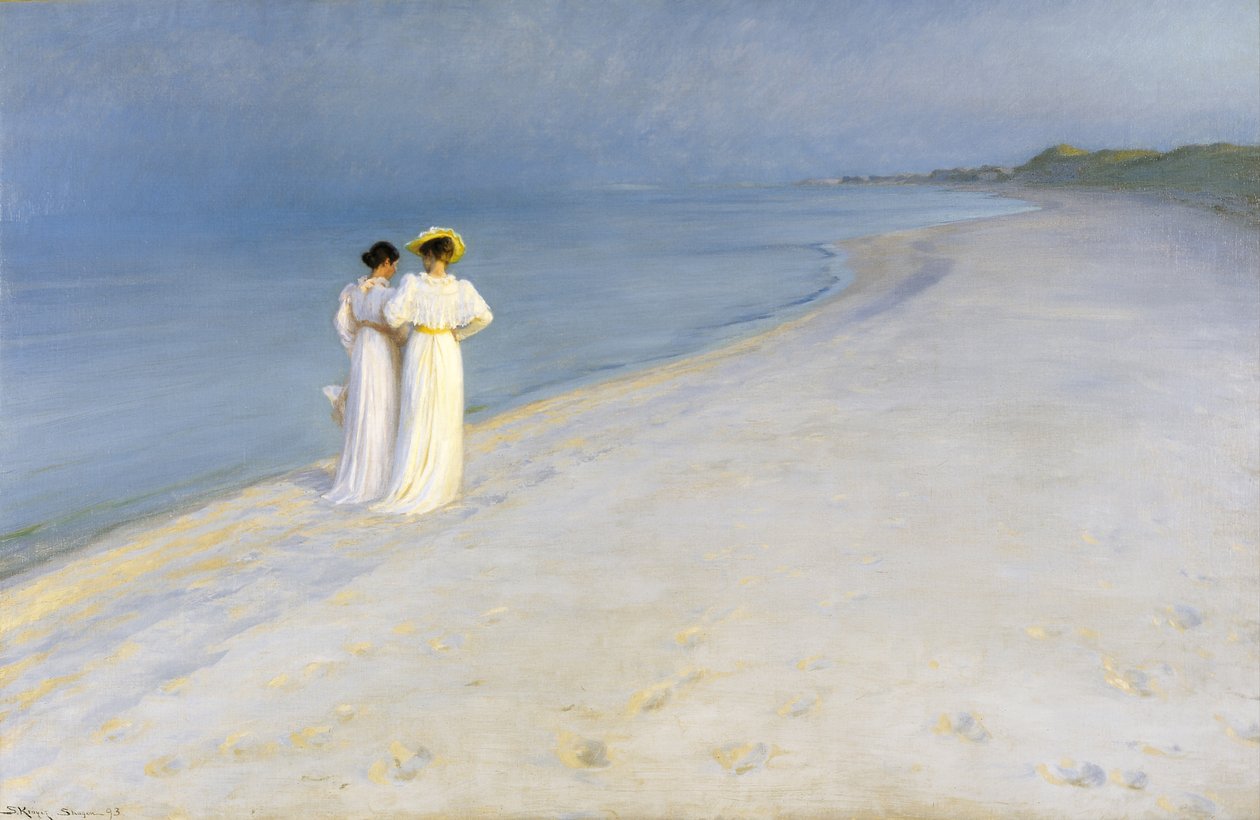 Summer evening on Skagens Beach. Anna Ancher and Marie Krøyer walking together. av Peder Severin Krøyer