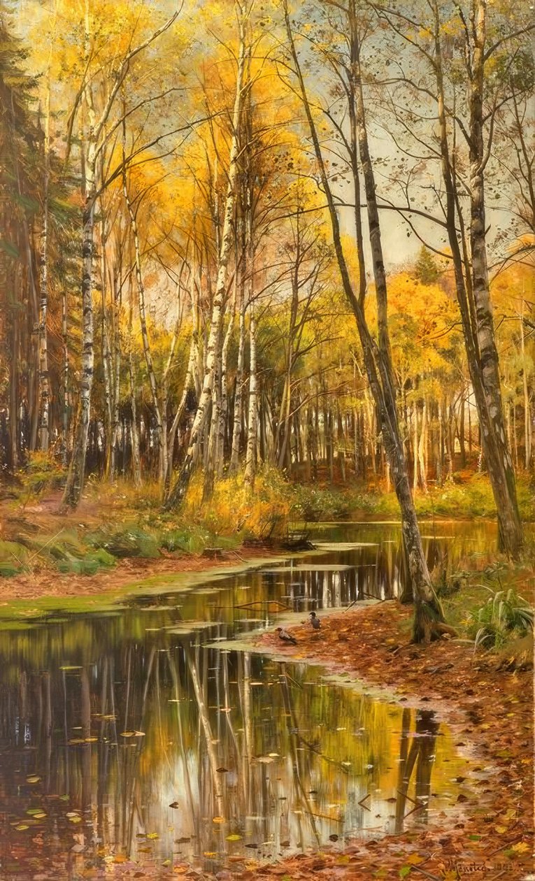 P.Mönsted, björkskog i höstljuset av Peder Monsted