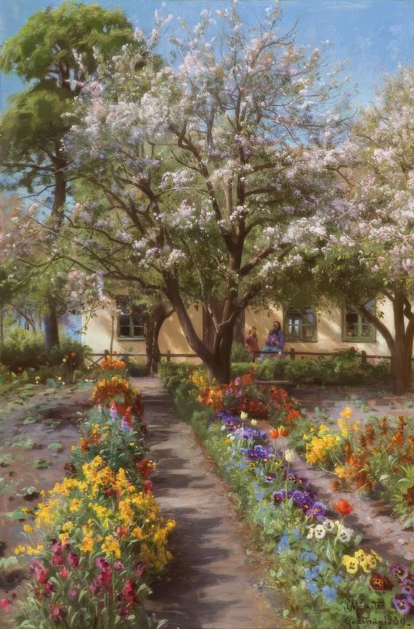 P.Mönsted, blommande trädgård på våren av Peder Monsted