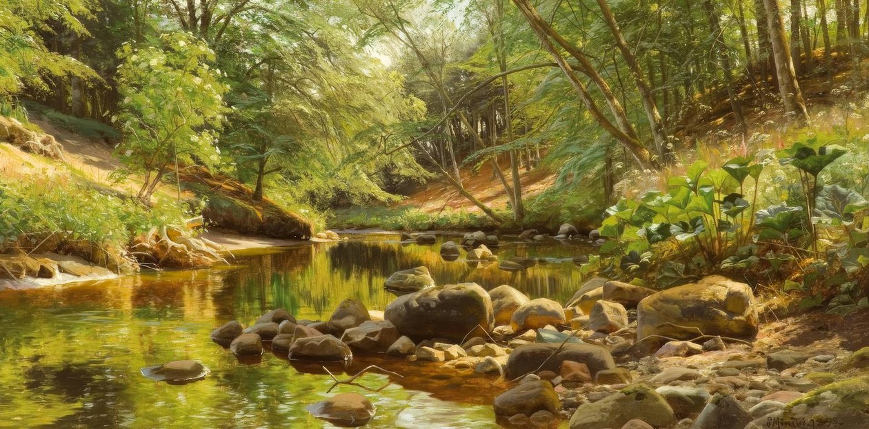 P.Mönsted, Sonniger Waldbach av Peder Monsted