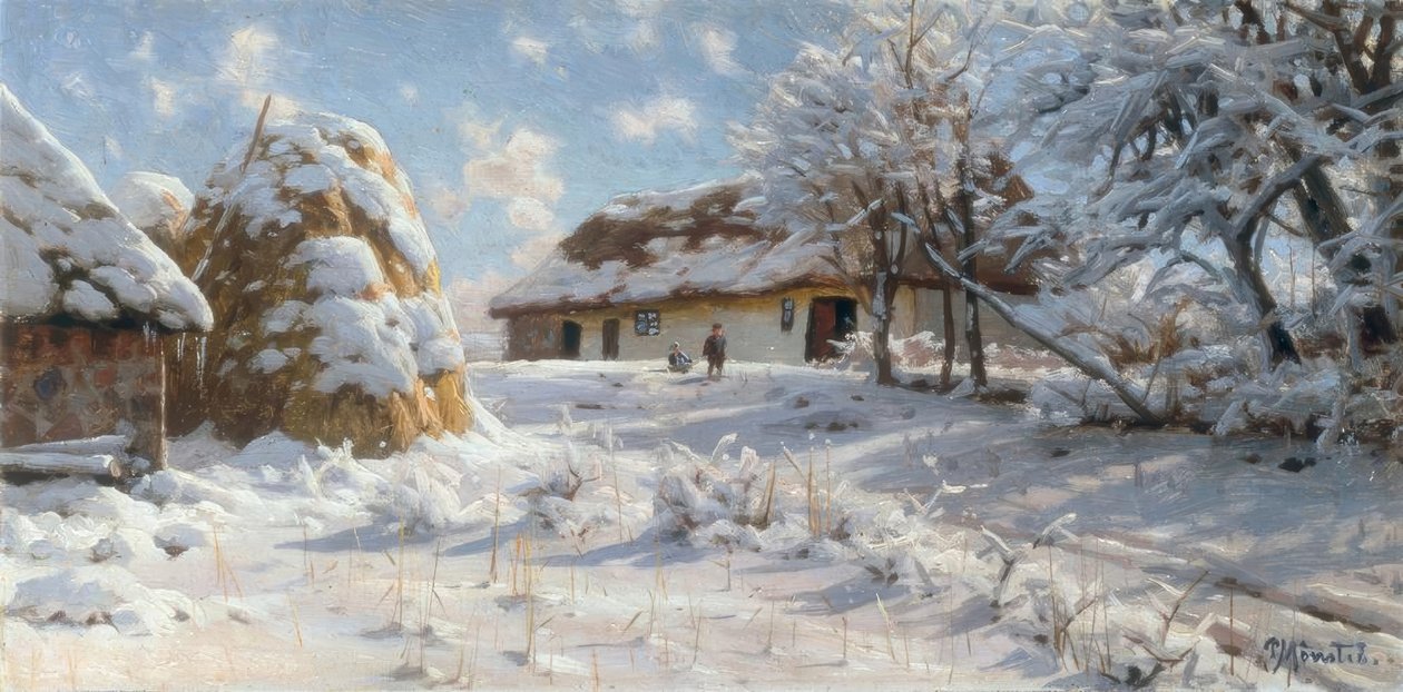Snötäckt bylandskap med barn som åker pulka av Peder Monsted