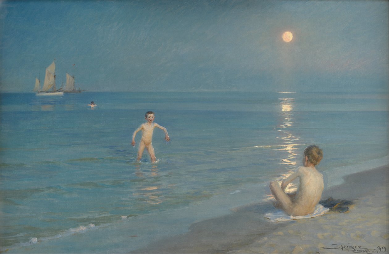 Pojkar badar på Skagen. Sommarkväll av Peder Severin Krøyer