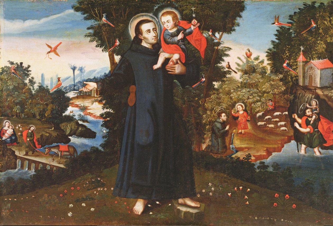 St. Johannes av Gud (1495-1550) med Kristusbarnet, St. Christopher, St. Augustine och flykten till Egypten av Pedro Nolasco y Lara