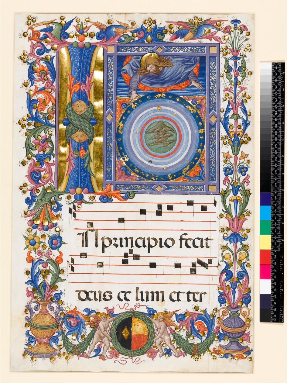 Historikerad initial I, föreställande skapelsen, c.1470 av Pellegrino di Mariano attr.to Pellegrino di Mariano attr.to
