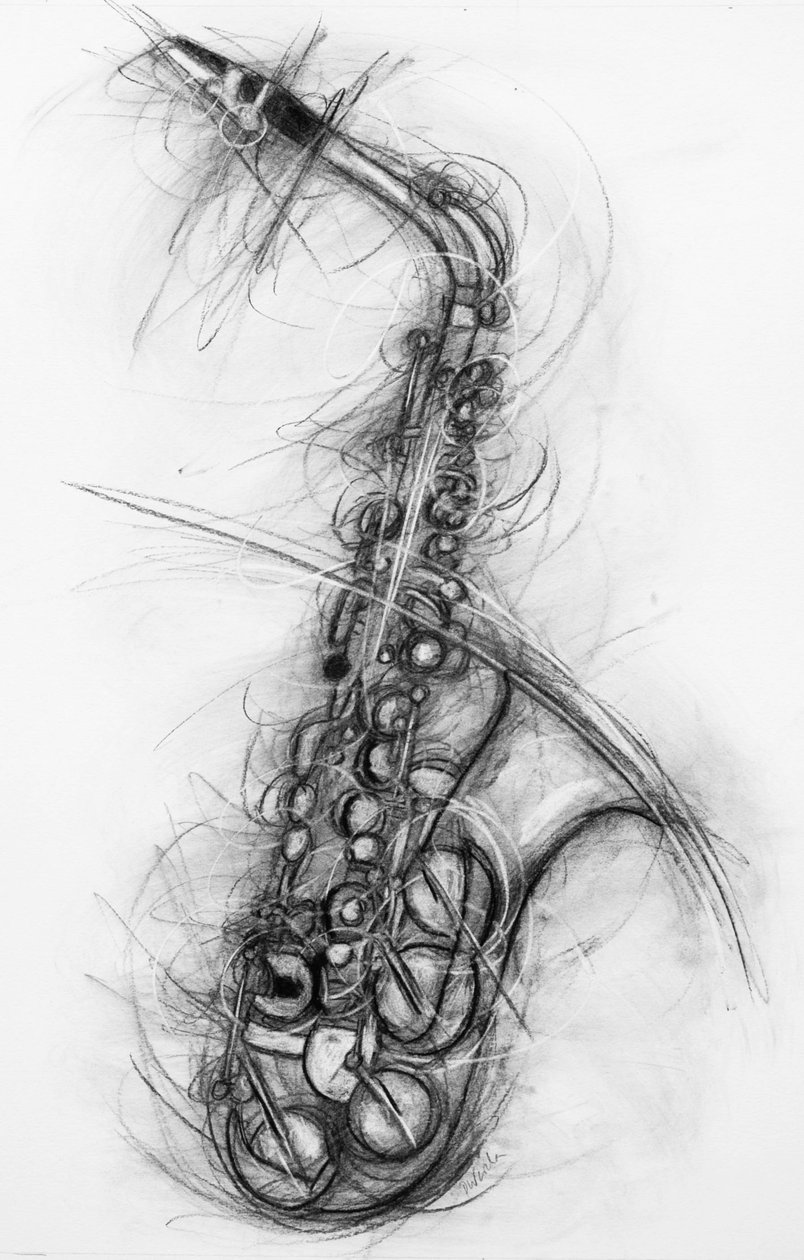 Saxofon 2005 (kol på papper) av Penny Warden