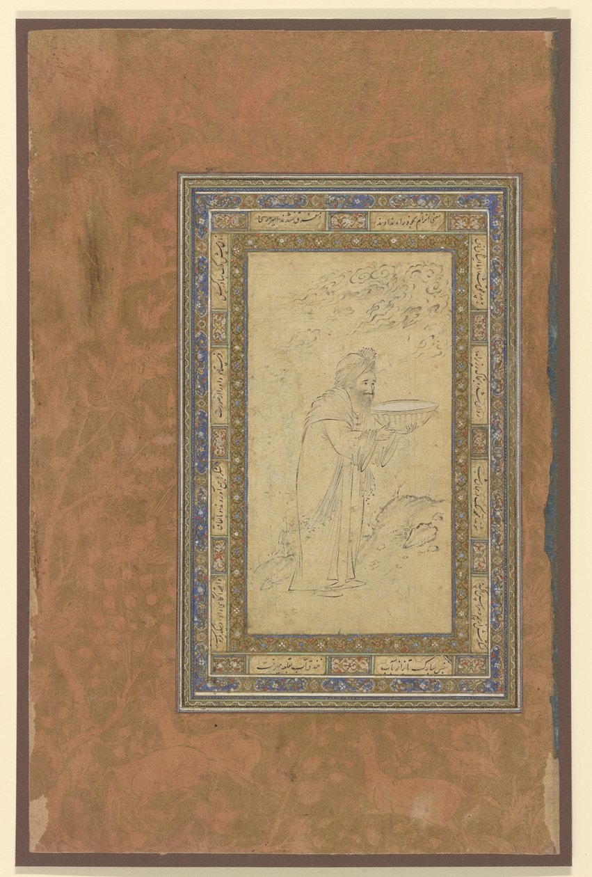 En gammal man bär en skål, c.1610-15 av Persian School