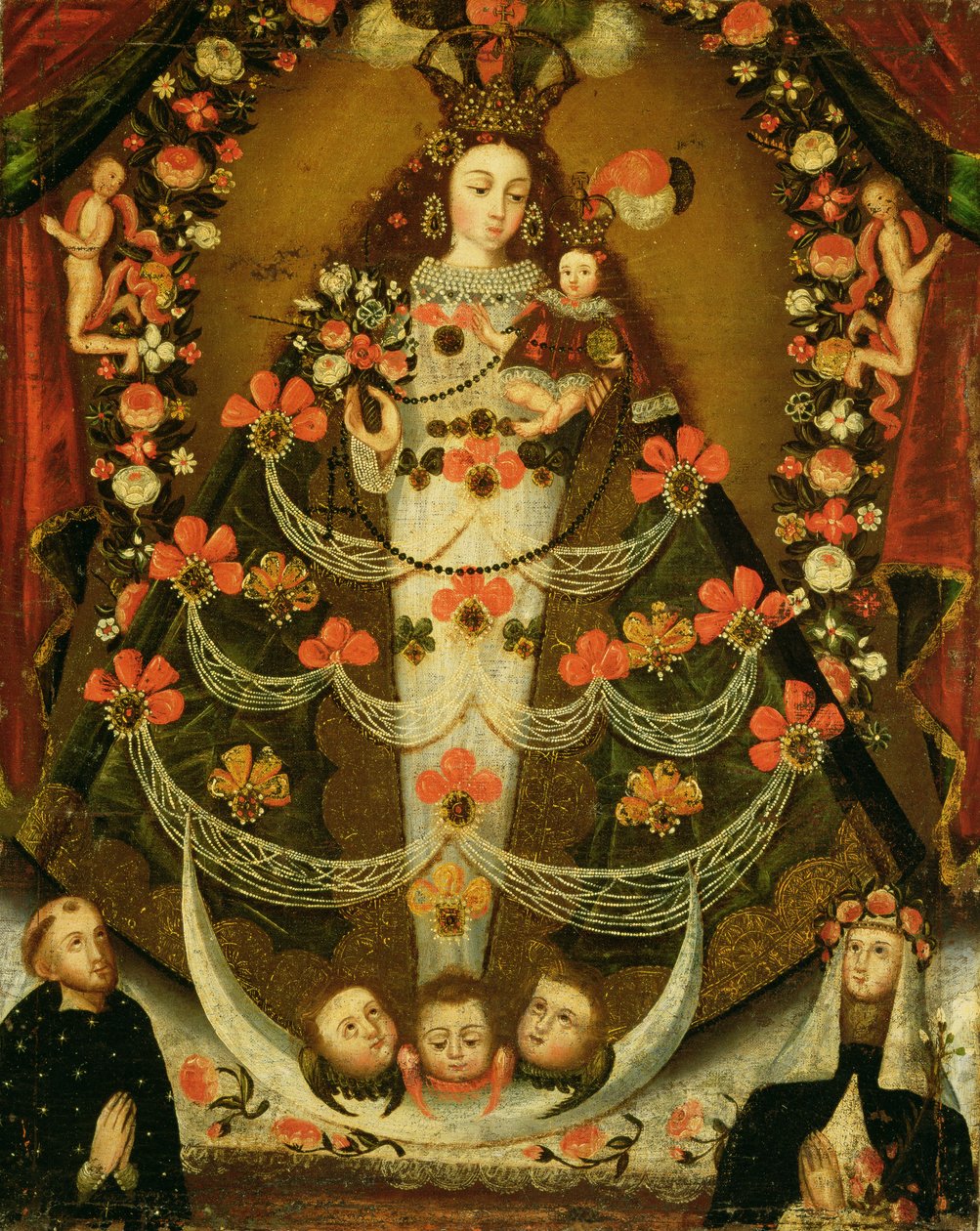 Jungfrun av Pomata med St. Nicholas of Tolentino och St. Rose of Lima (1586-1617) av Peruvian School