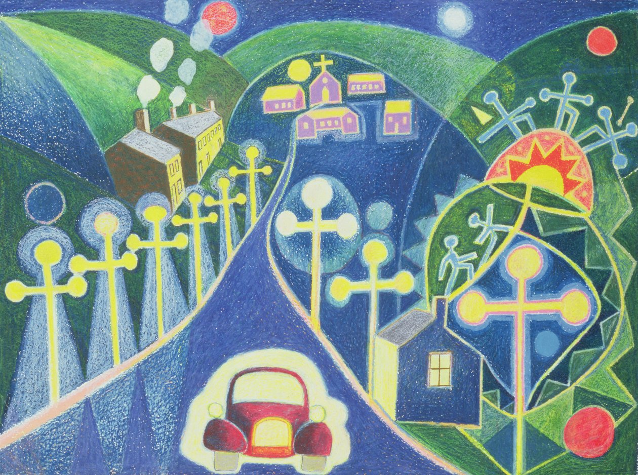 Mystical Village, 1985 (oljepastell på papper) av Peter Davidson