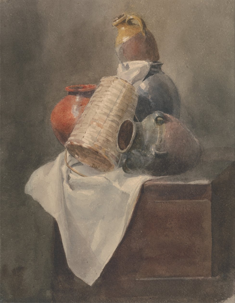 Still Life- Pots, Basket and Cloth on a Chest av Peter de Wint