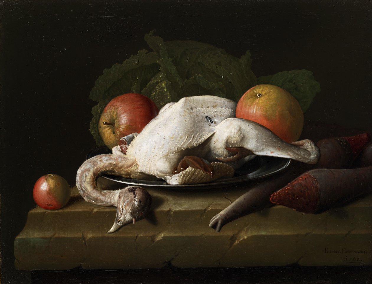 Stillleben mit gerupftem Huhn, Äpfeln und Rüben av Peter Jacob Horemans