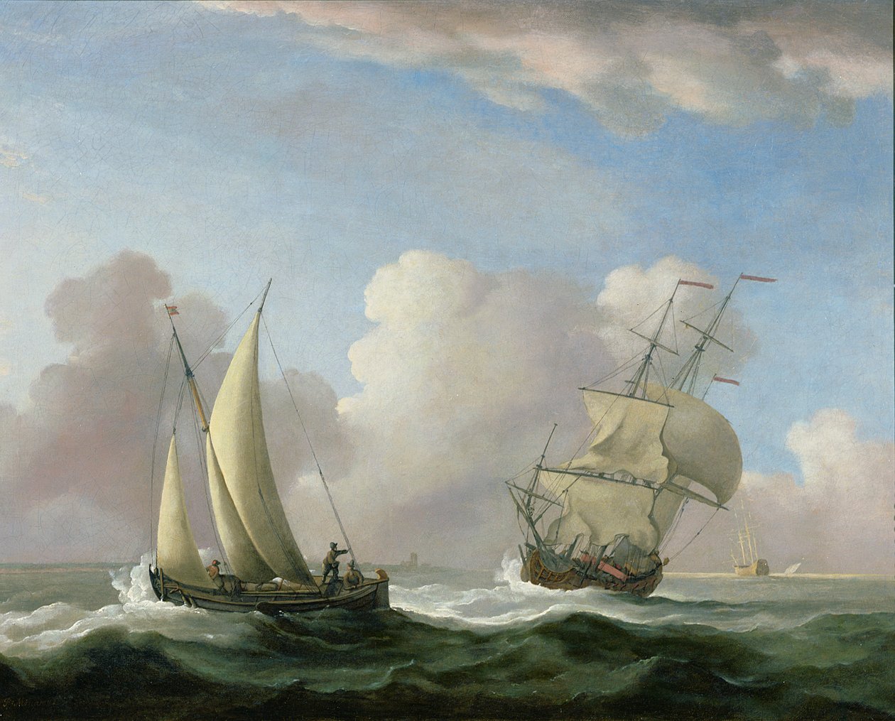 En man i krig i en svallvågor och en segelbåt av Peter Monamy