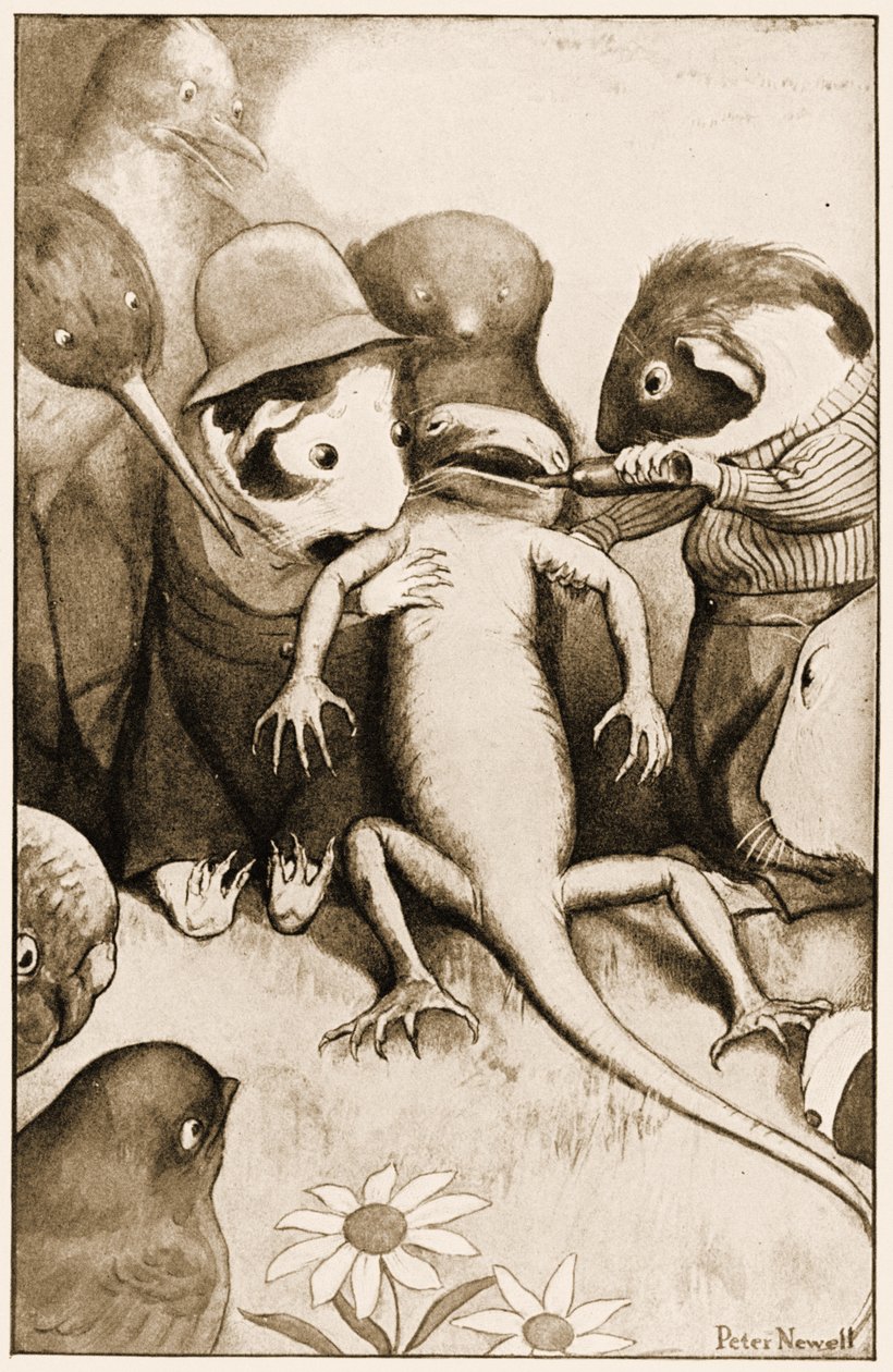 Den stackars lilla ödlan Bill hölls uppe i mitten, illustration för Lewis Carrolls Alices Adventures in Wonderland, 1901 av Peter Newell