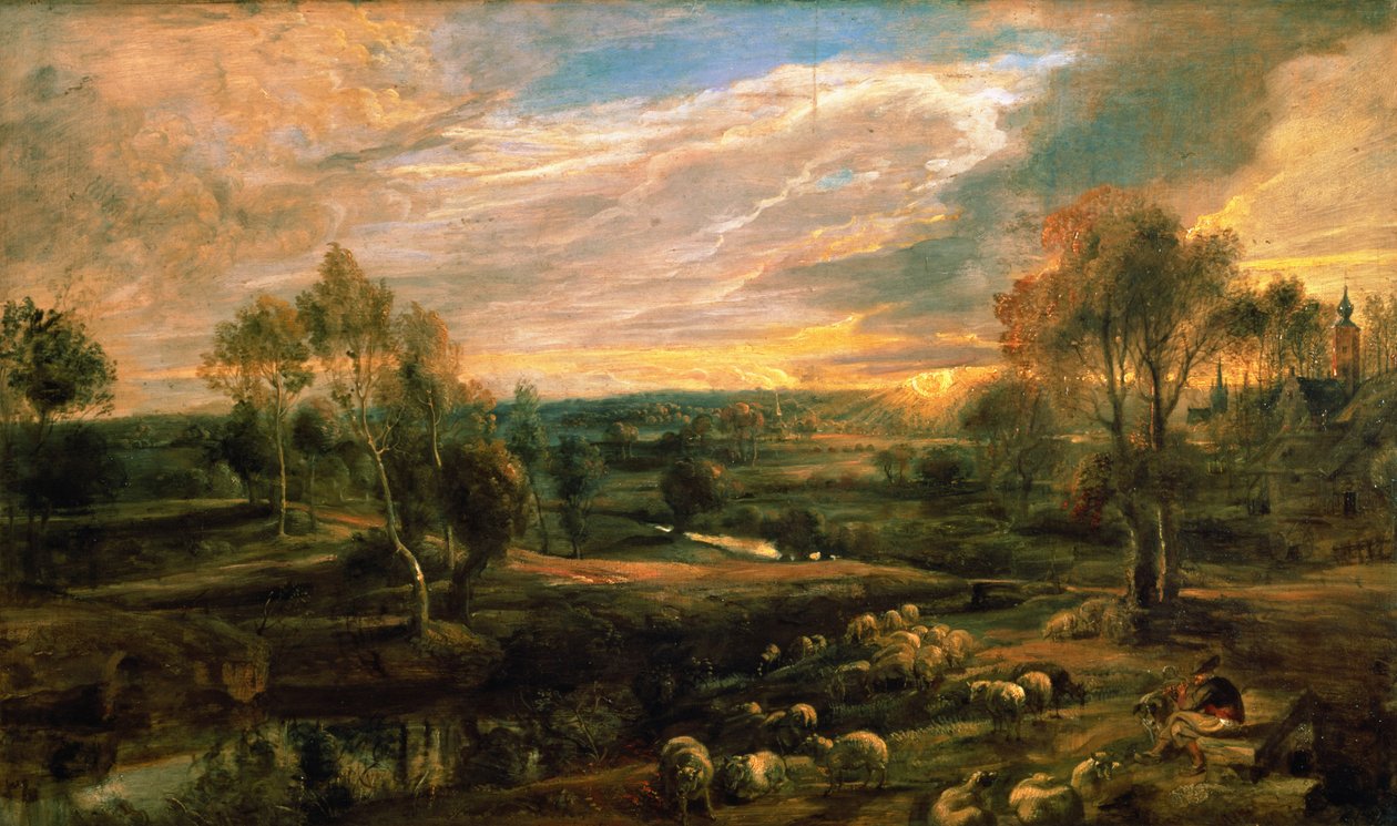 Ett landskap med en herde och hans flock, ca 1638 (olja på ek) av Peter Paul Rubens