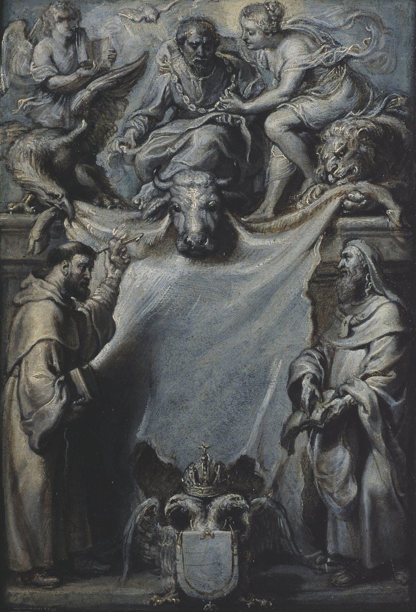 Modello för titelbladet till Corderius kommentarer till St. Lukas, 1628 (olja på papper på duk) av Peter Paul Rubens