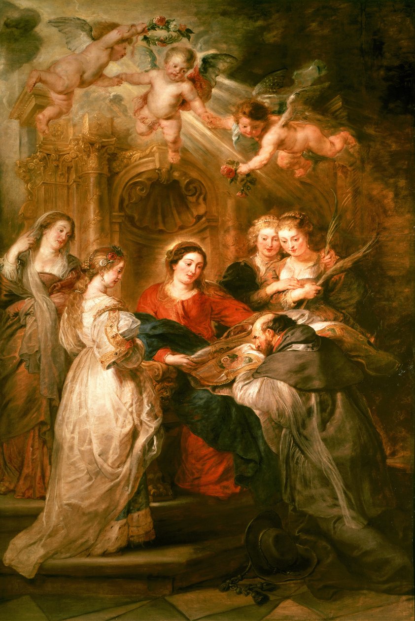 S:t Ildefonso altartavla, mittpanel föreställande Jungfru Maria som presenterar en liturgisk dräkt för St. Ildefonso, ca 1630-32 av Peter Paul Rubens