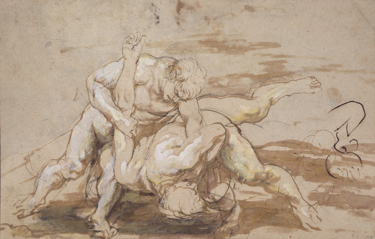 Two Men Wrestling (kol, penna och bläck med tvätt på papper) av Peter Paul Rubens