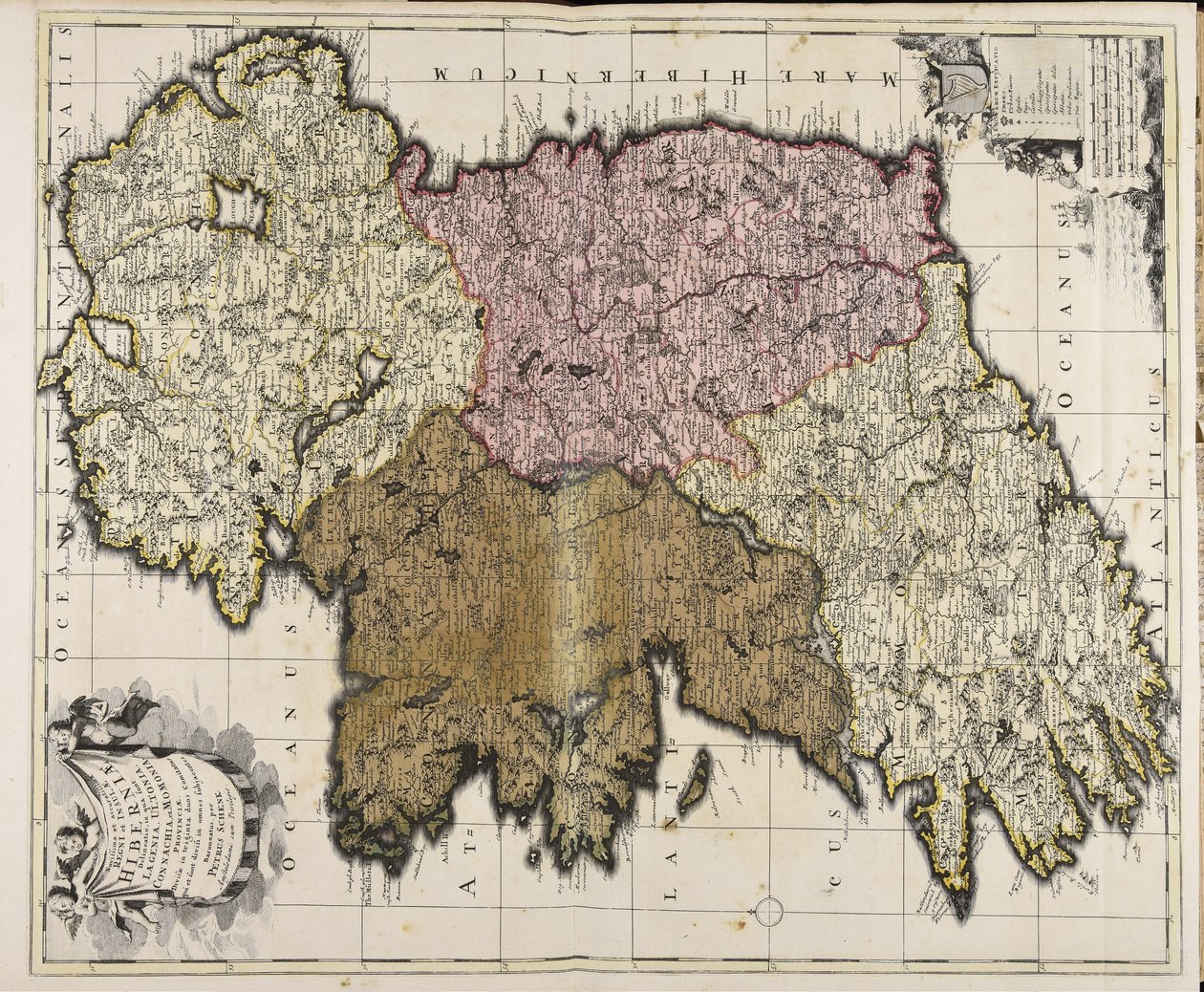 Novissima et accuratissima regni et insulae Hiberniae delineatio : in qua sunt Lagenia, Ultonia, Connachia et Momonia provinciae : divisae in triginta duos comitatus qui et sunt divisi in omnes subjacentes baronnatus / per Petrus Schenk av Peter Schenk the Elder