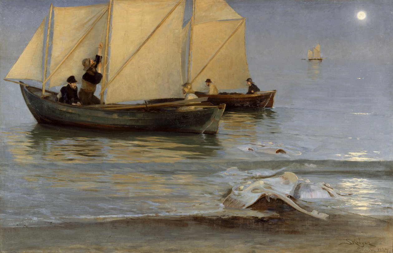 Skagboere går ud på nattefiskeri. Sildig Sommeraften. av Peder Severin Krøyer