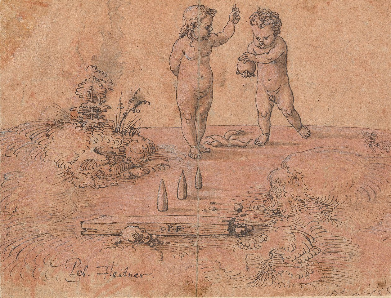 Två barn som leker med en boll, 1500-1546. av Peter Flötner