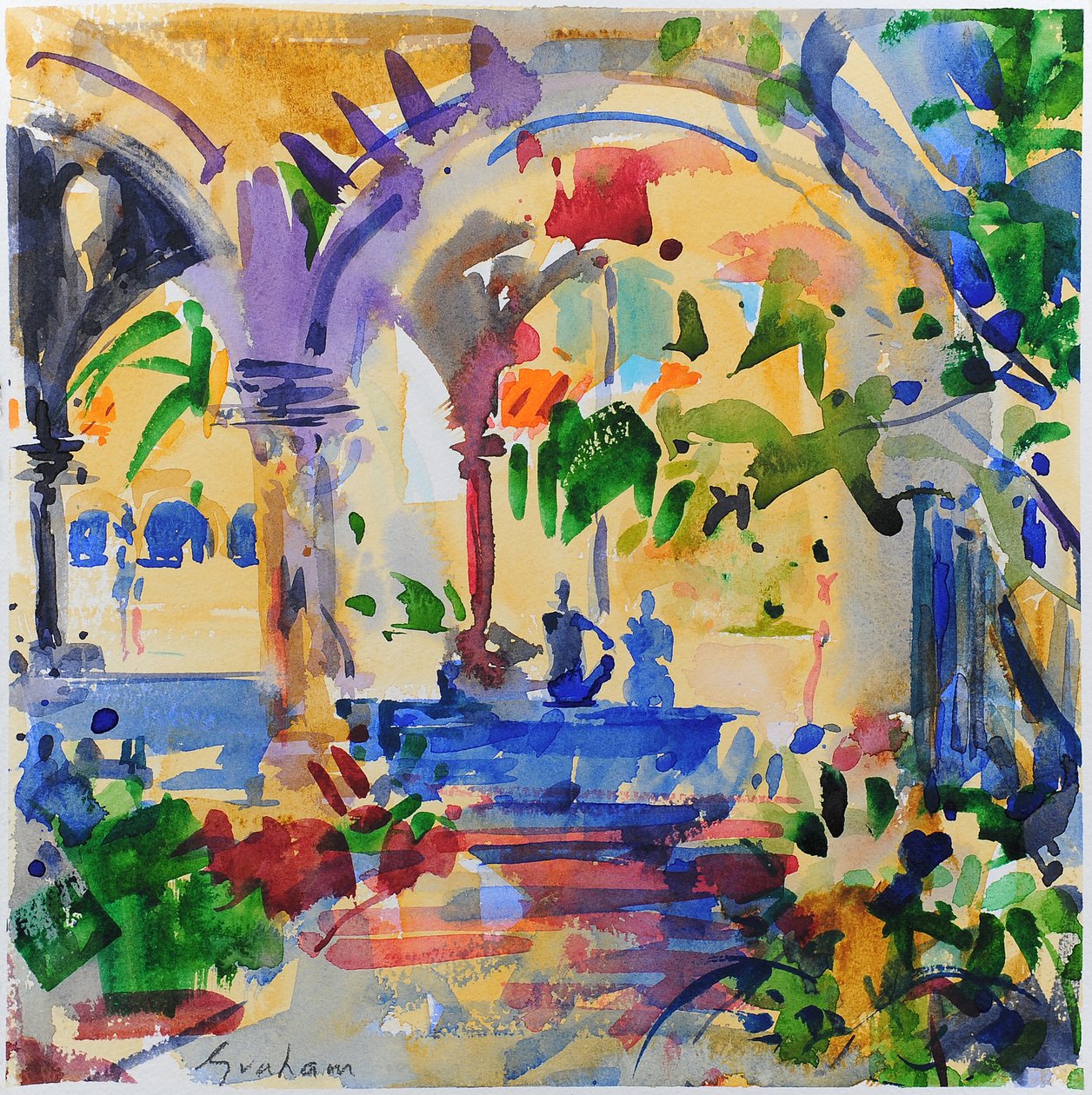 Stanford Cloisters, Kalifornien, 2022 (akvarell) av Peter Graham
