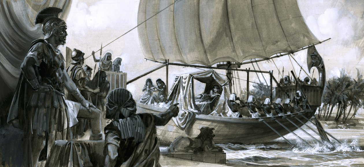 Kleopatra i sin pråm (gouache på papper) av Peter Jackson