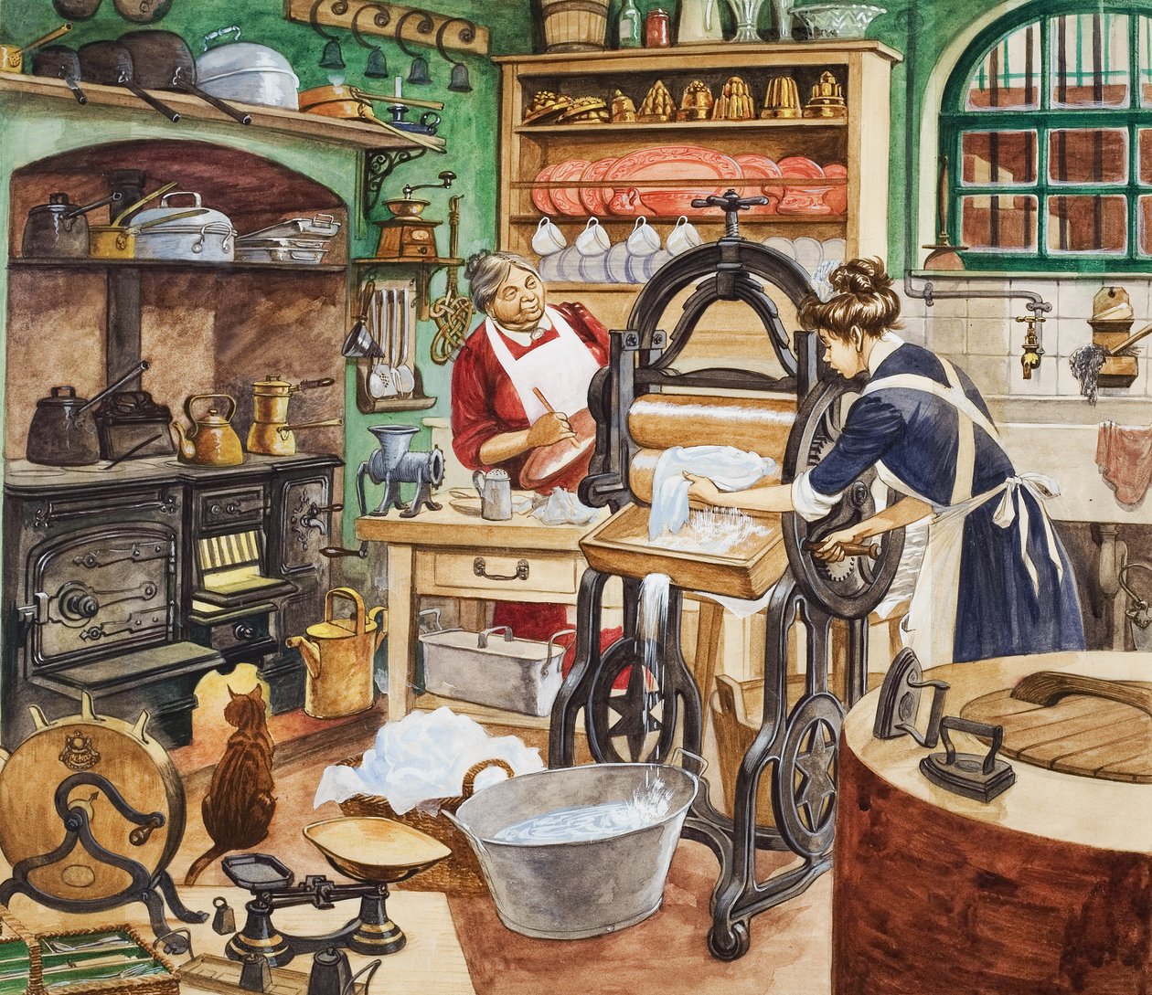 Nineteenth Century Kitchen (gouache på papper) av Peter Jackson