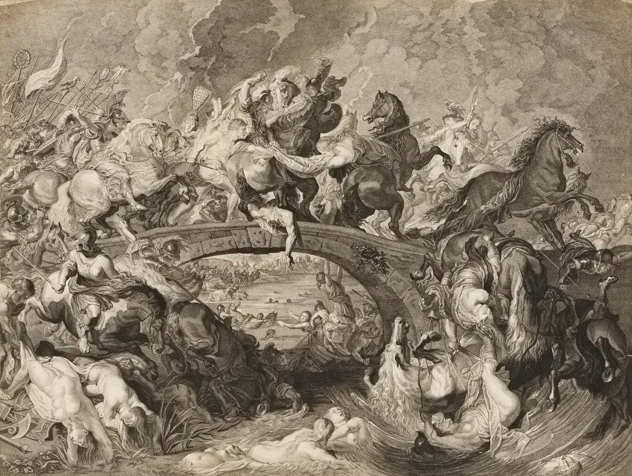 Slaget vid amasonerna (gravyr) av Peter Paul (after) Rubens