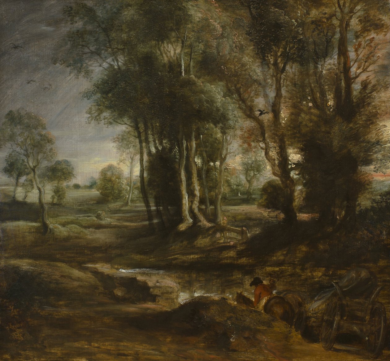 Kvällslandskap med timmervagn, 1630-1640 av Peter Paul Rubens