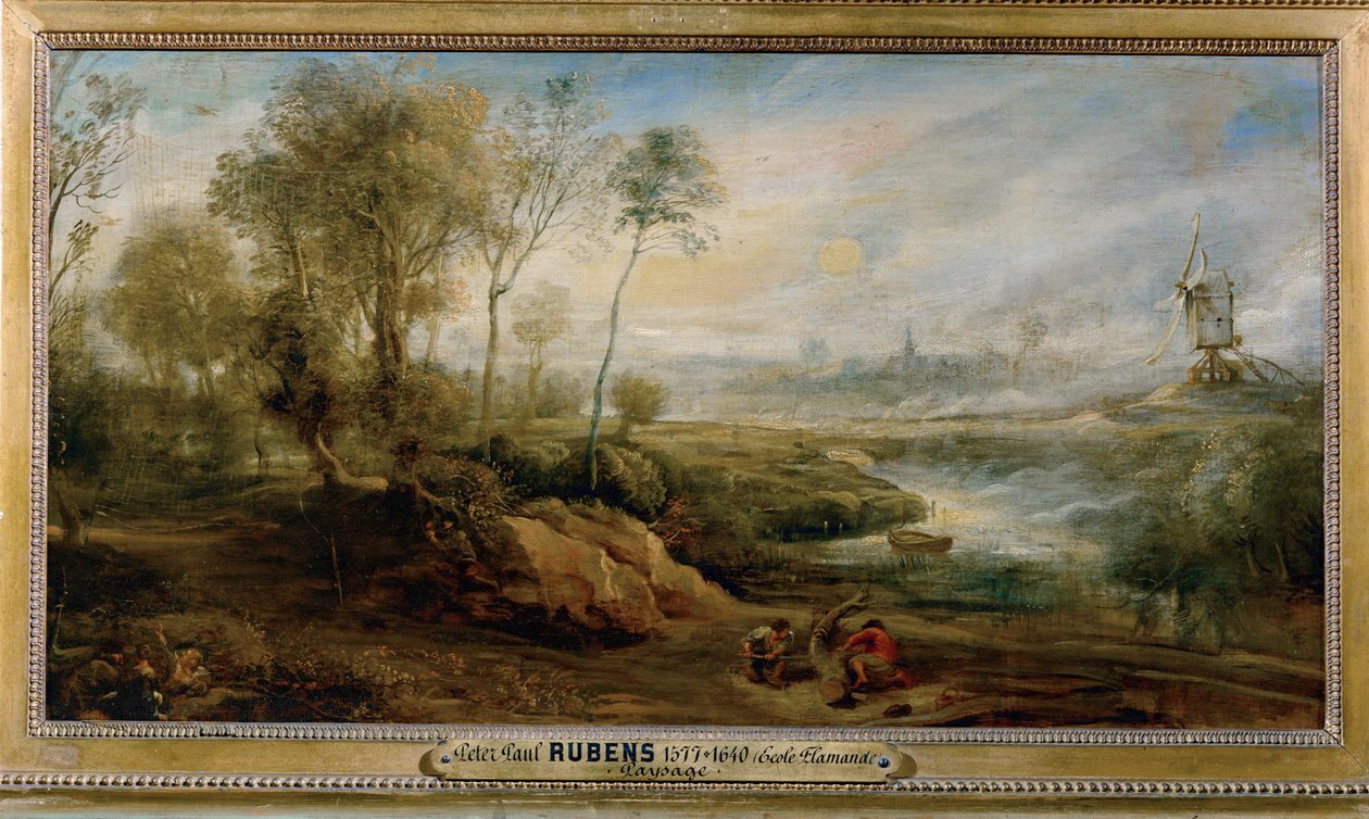 Landskap med fågelfångare (målning på trä) av Peter Paul Rubens