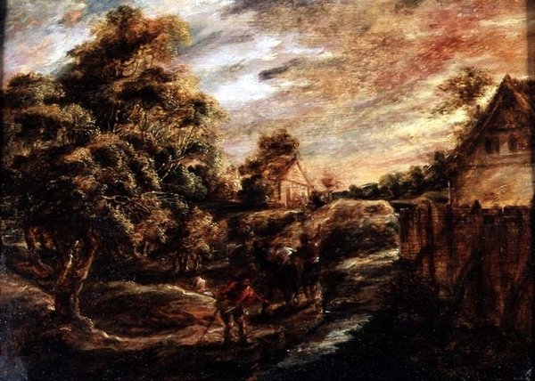 Skogbevuxen landskap vid solnedgången av Peter Paul Rubens