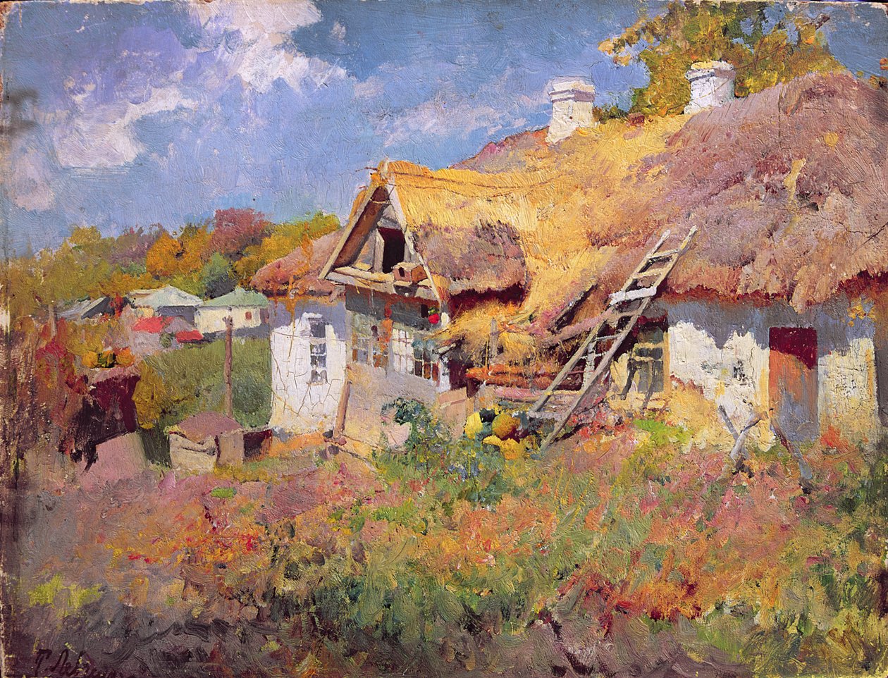 Ukrainska stugor, 1906 (olja på kartong) av Petr Levchenko