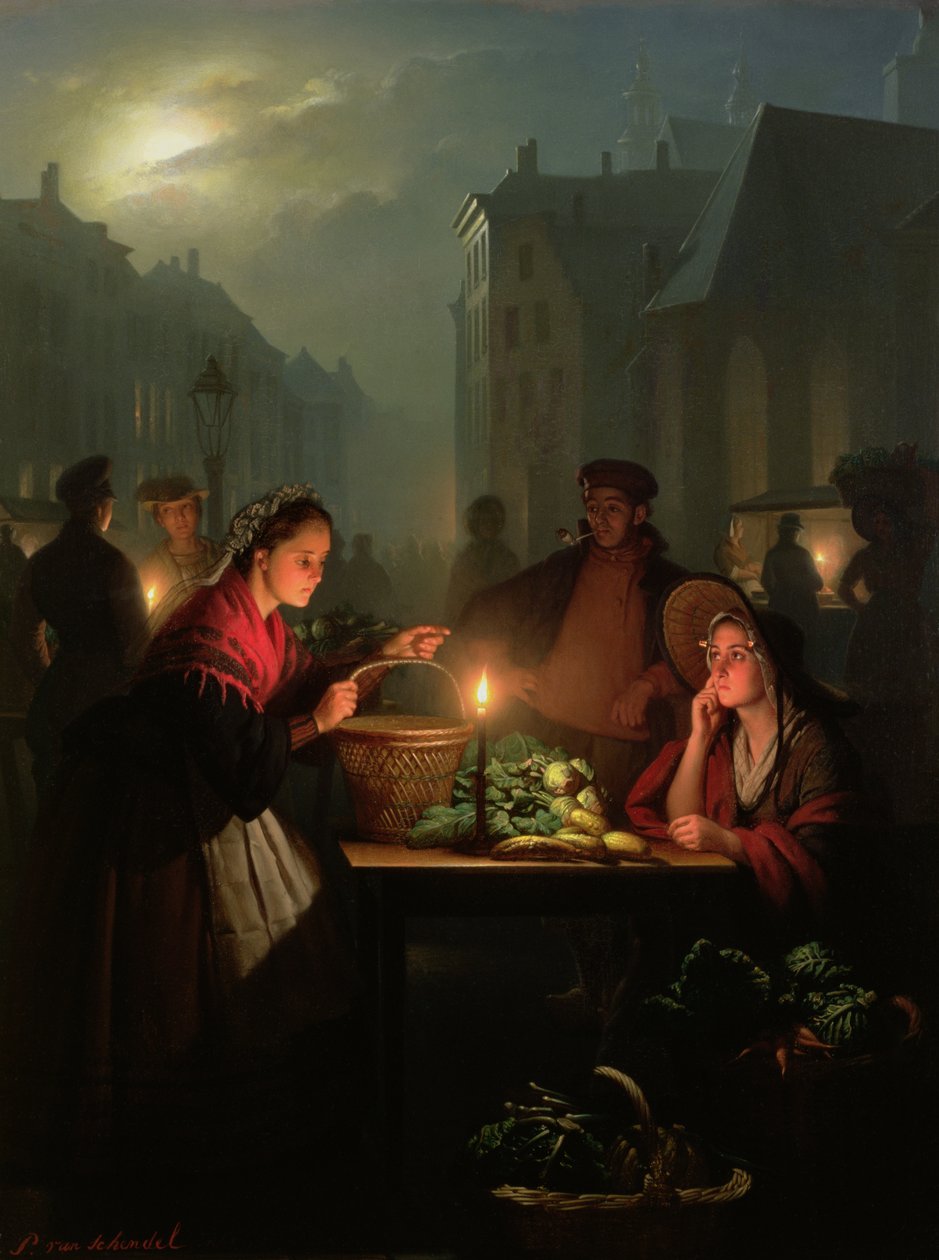 Ett grönsaksstånd på natten av Petrus van Schendel