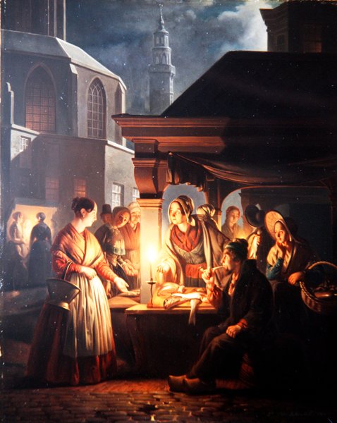 The Fish Stall (olja på panel) av Petrus van Schendel