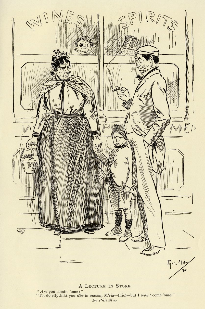 En föreläsning i butik, 1895 av Phil May