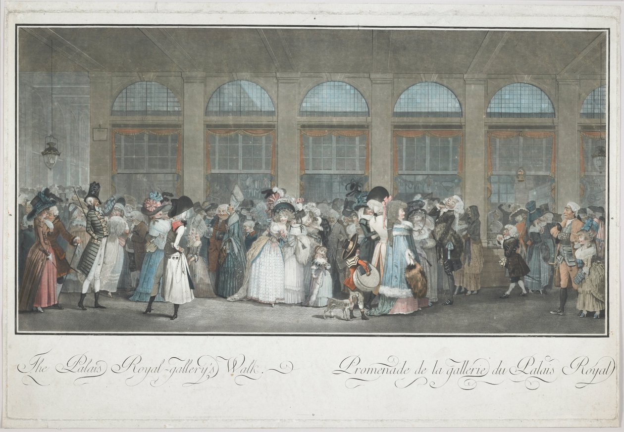 Palais Royal Gallerys promenad av Philibert Louis Debucourt