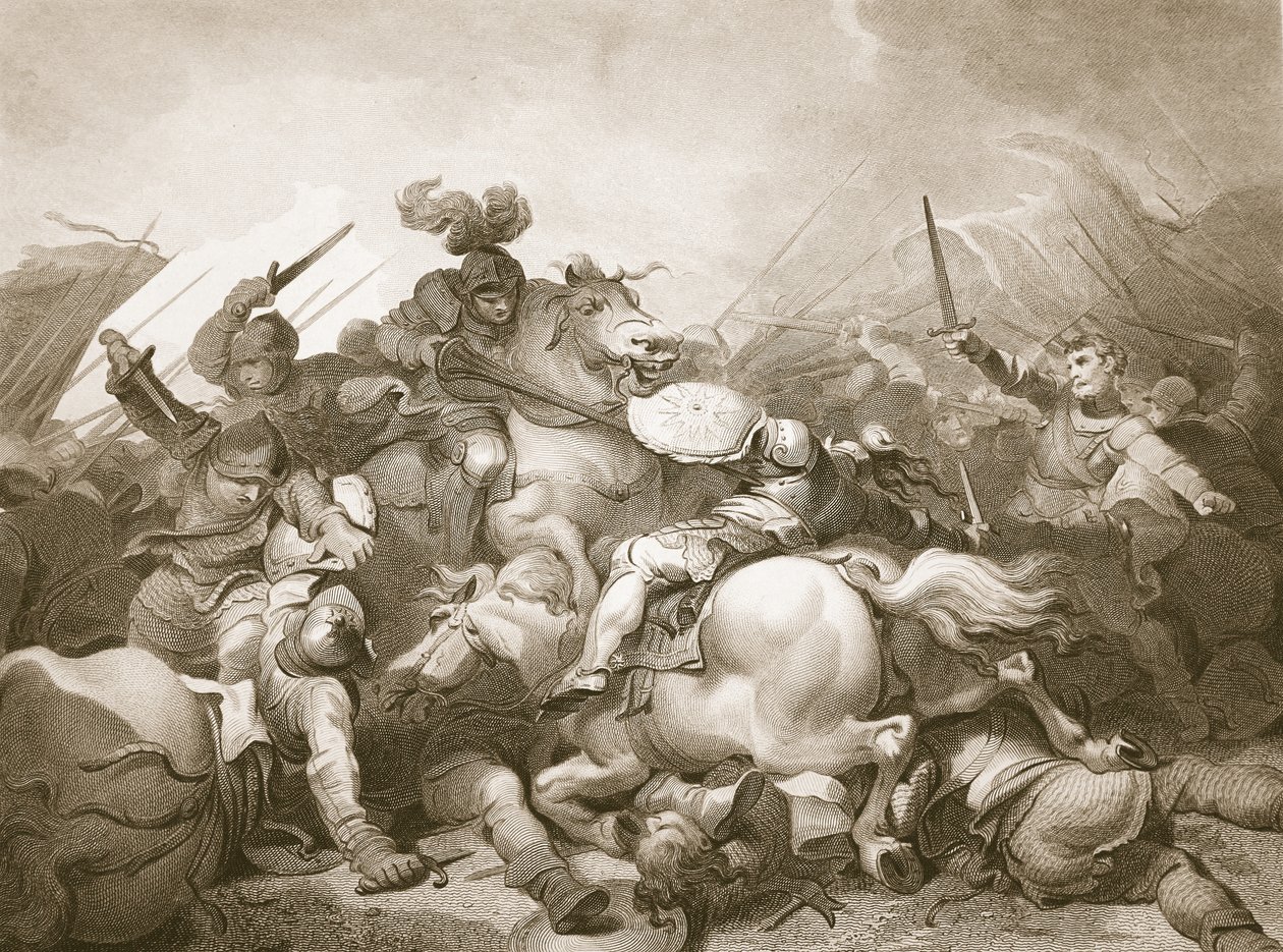 Slaget vid Bosworth Field, graverat av J. Thomson, illustration från David Humes "The History of England", utgiven av R. Bowyer, London, 1812. av Philip James de Loutherbourg