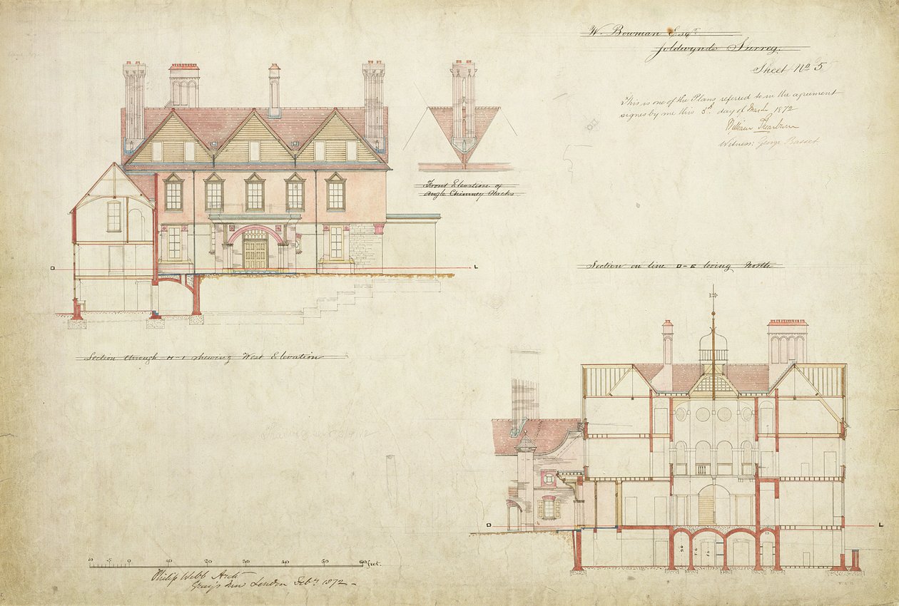 Design för Joldwyns, Surrey, 1872 (penna, bläck och wc på papper) av Philip Webb