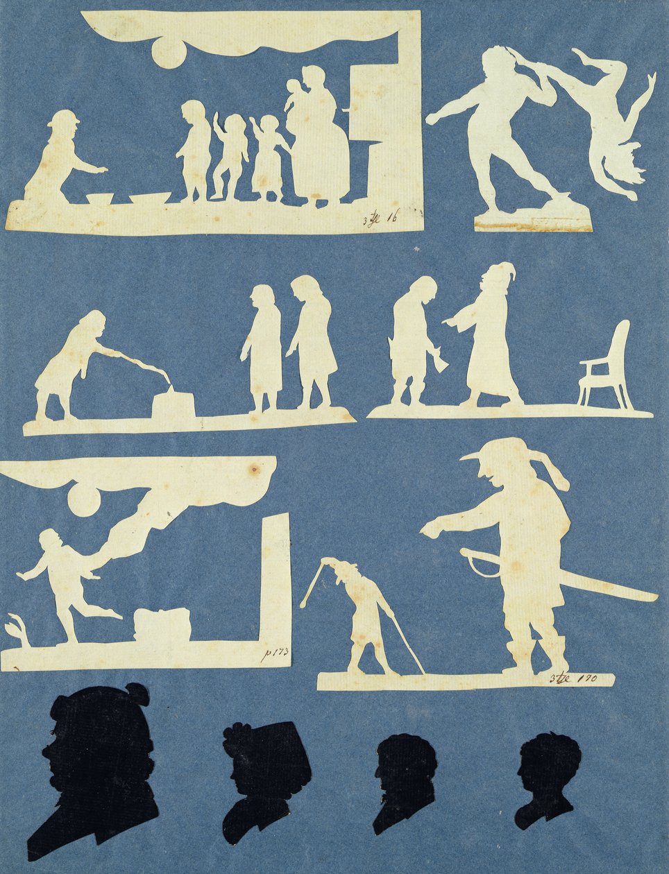 Olika scener, David och Goliat och fyra profiler (collage på papper) av Philipp Otto Runge