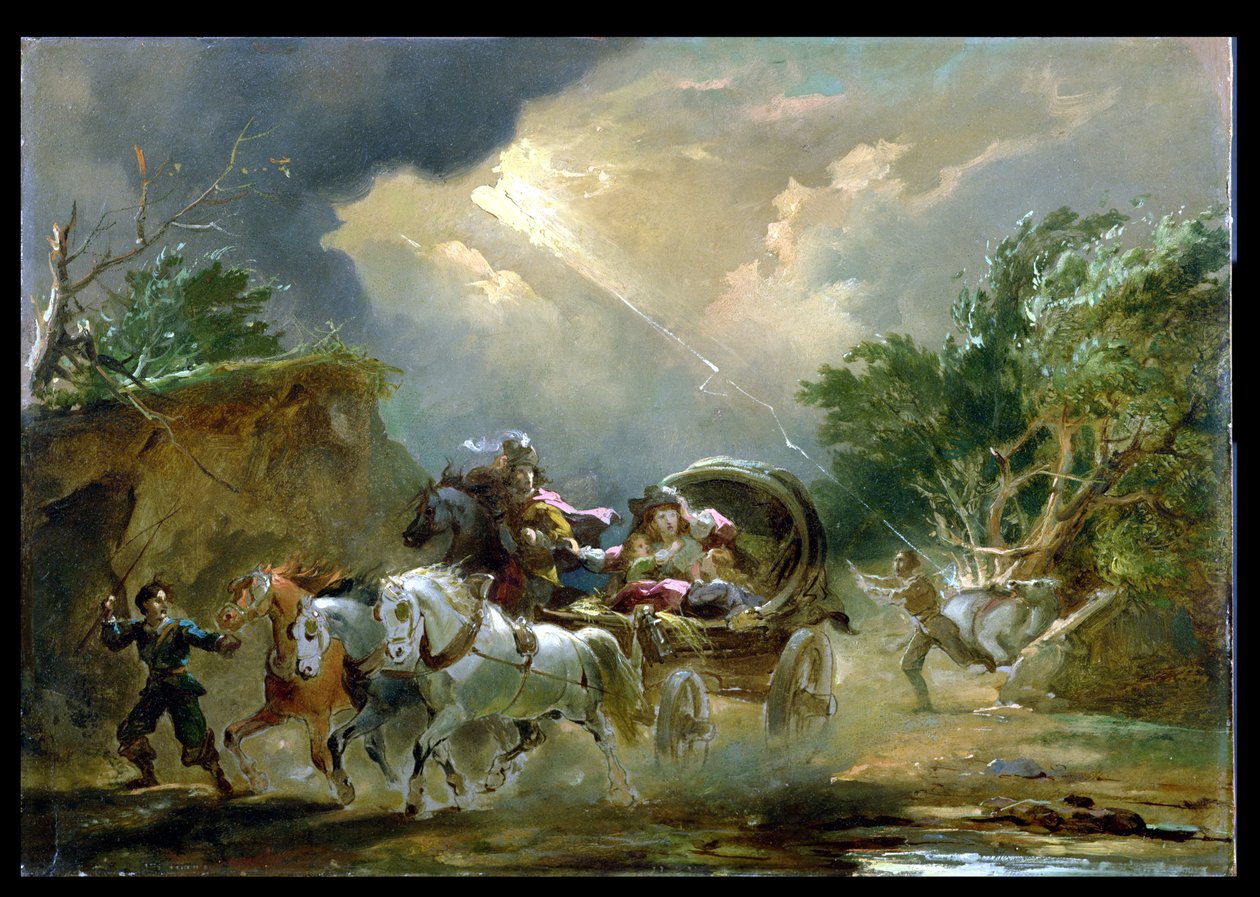 Coach in a Thunderstorm, 1790-talet (olja på kvarnbräda) av Philippe Jacques de Loutherbourg