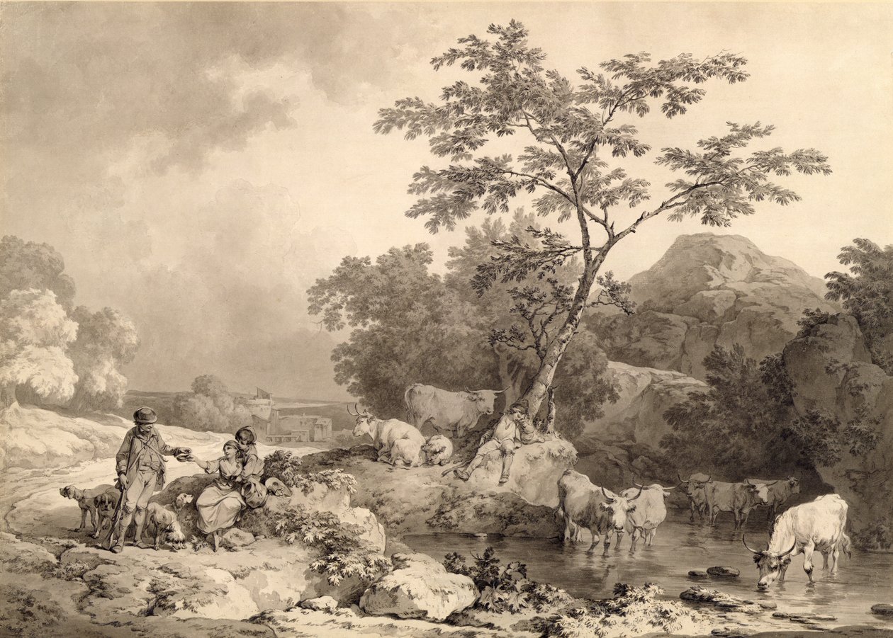 Figurer vid en bäck med nötkreatursvattning (grå tvättar över penna på lagt papper) av Philippe Jacques de Loutherbourg