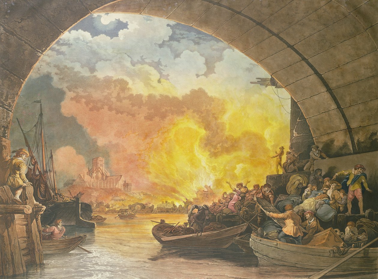 The Great Fire of London, 1799, graverad av J.C. Stadler (fl.1780-1812) (akvatint) av Philippe Jacques de Loutherbourg