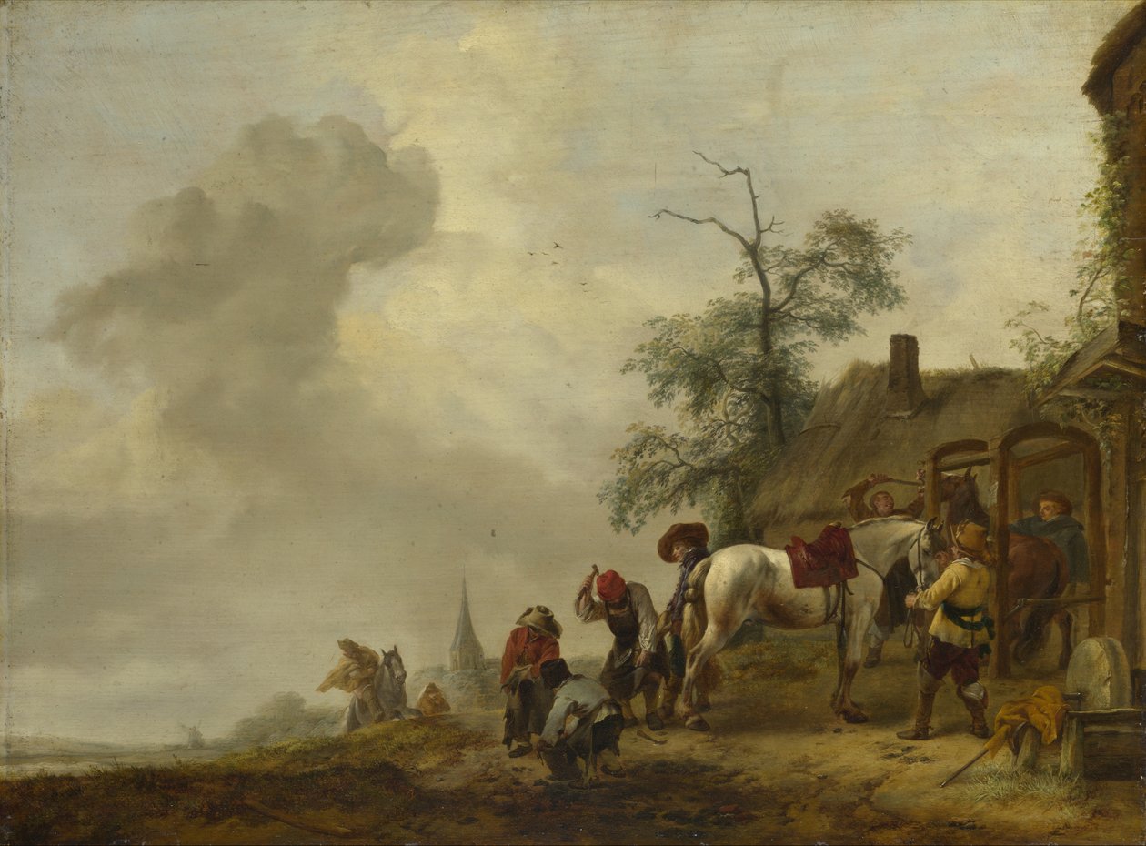 En häst som skjuts utanför en bysmed av Philips Wouwerman
