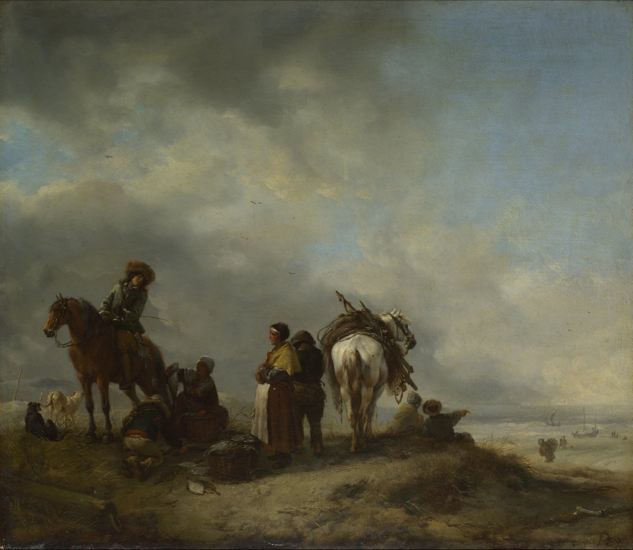 En vy på en strand med fiskhustrur som erbjuder fisk till en ryttare av Philips Wouwerman