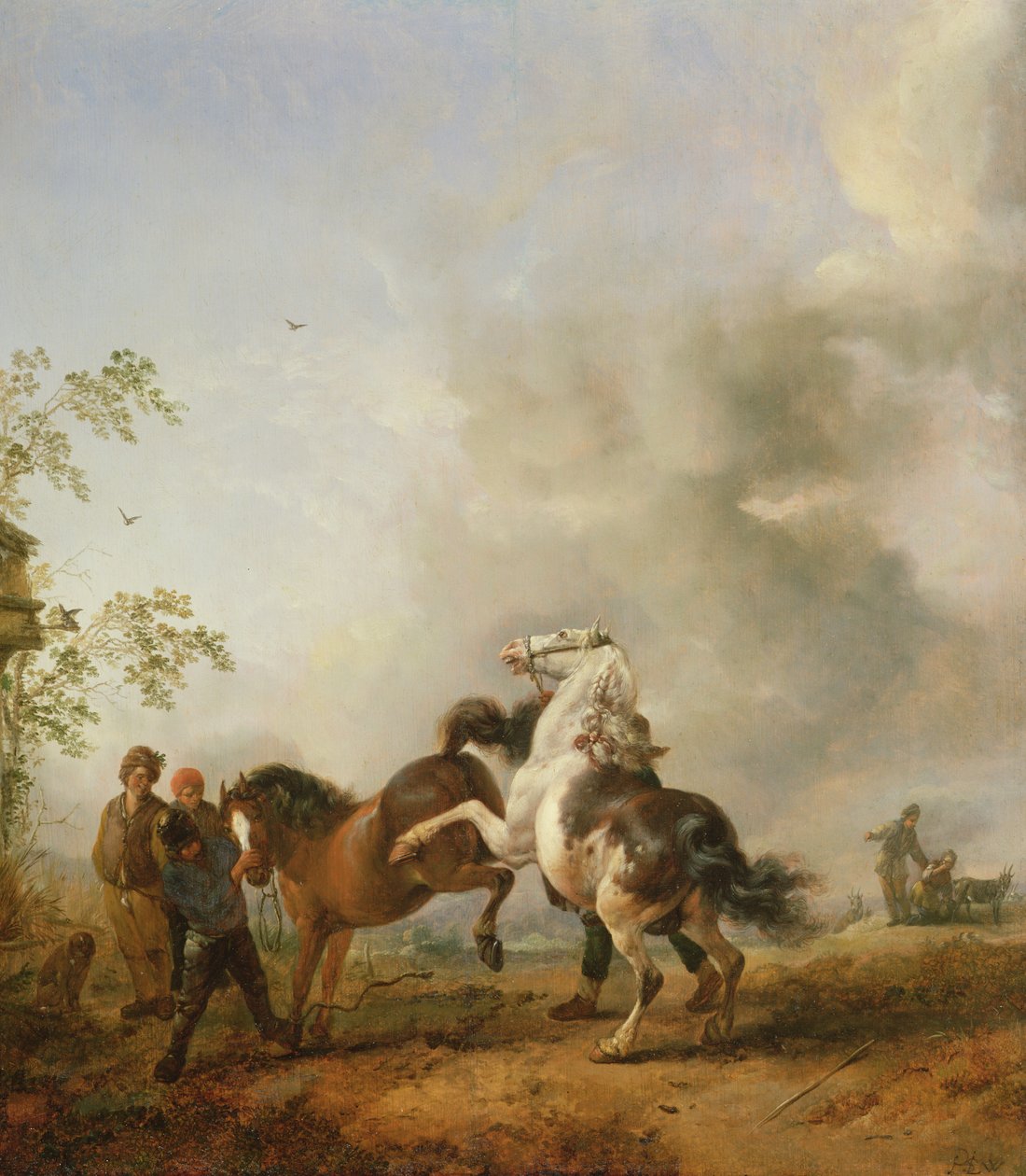 Ett sto och en hingst framför ett hus av Philips Wouwerman