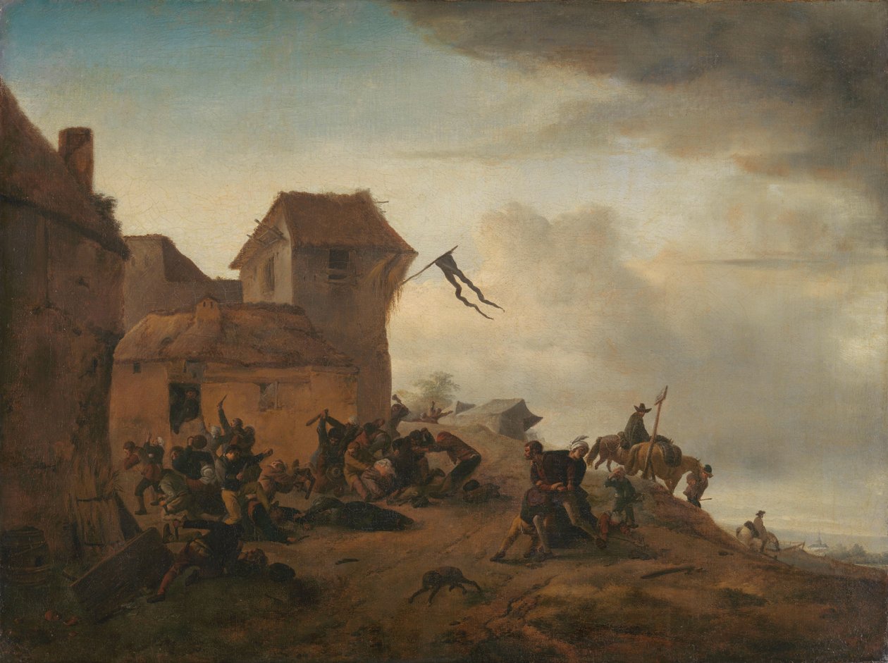 Bönder slåss nära en by av Philips Wouwerman
