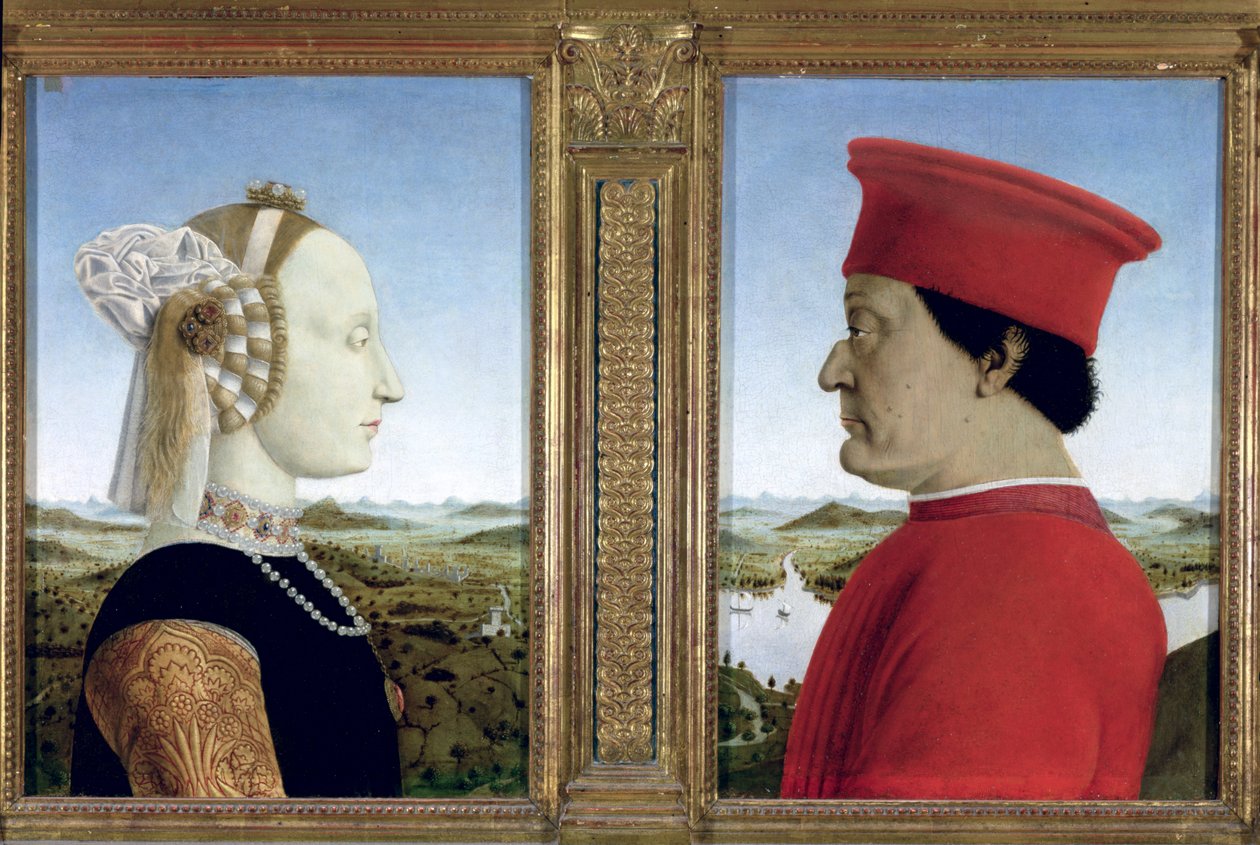 Porträtt av hertig Federico da Montefeltro (1422-82) och Battista Sforza, ca 1465 (tempera på panel) (se även 95420) av Piero della Francesca