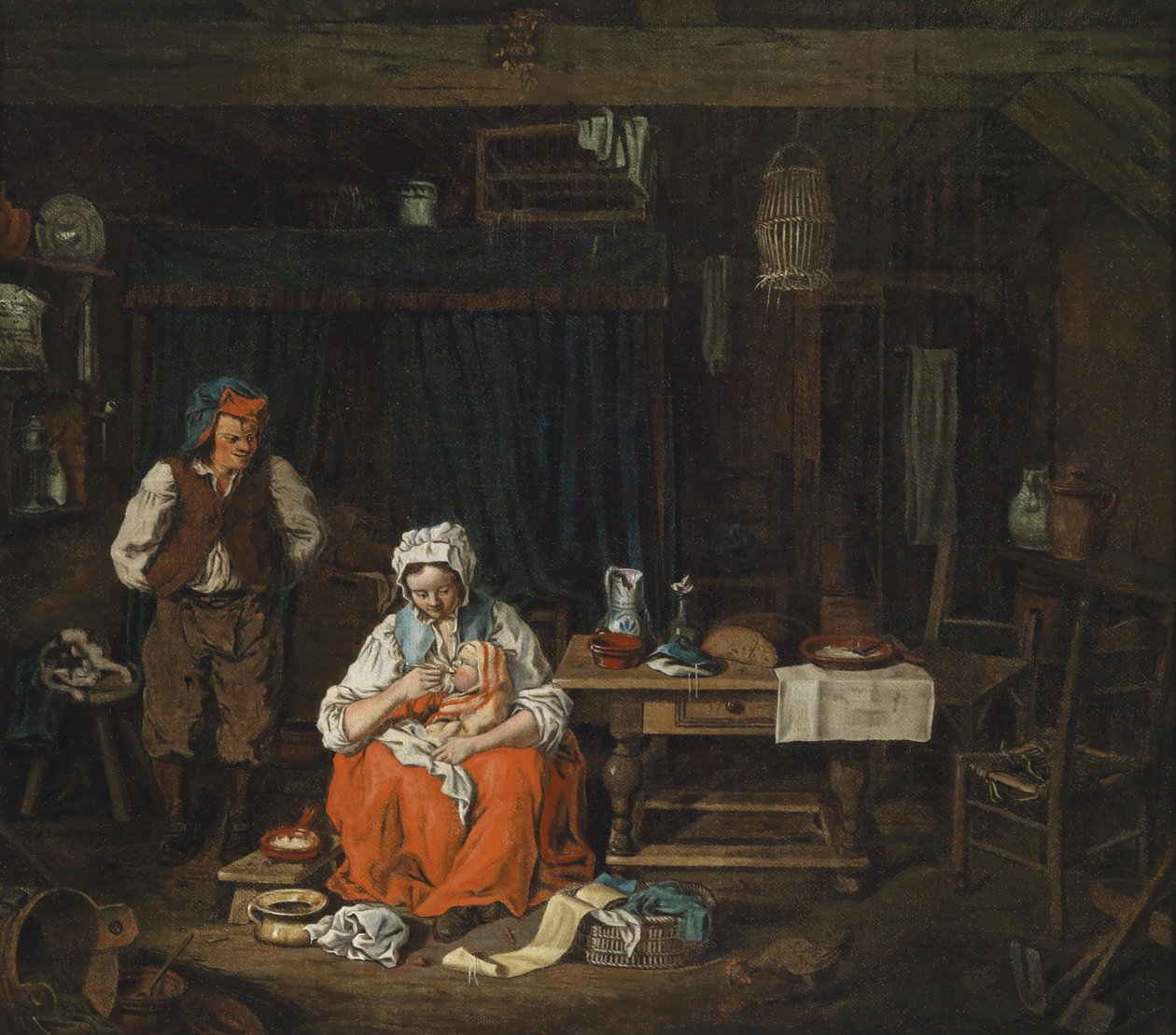 Bäuerliches Interieur mit einer stillenden jungen Mutter av Pierre Alexandre Wille