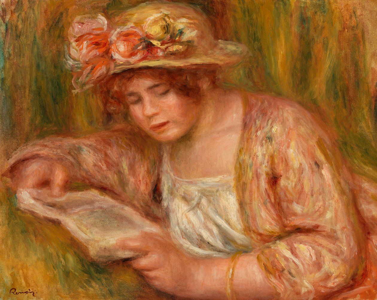 Andrée i en hatt, läsning av Pierre Auguste Renoir