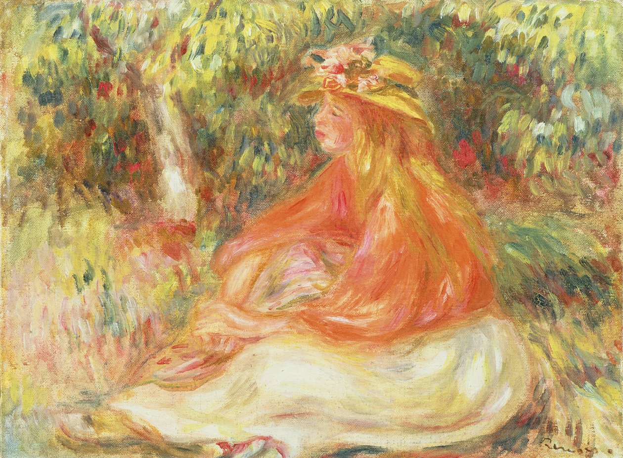 Flicka sitter i ett landskap av Pierre Auguste Renoir